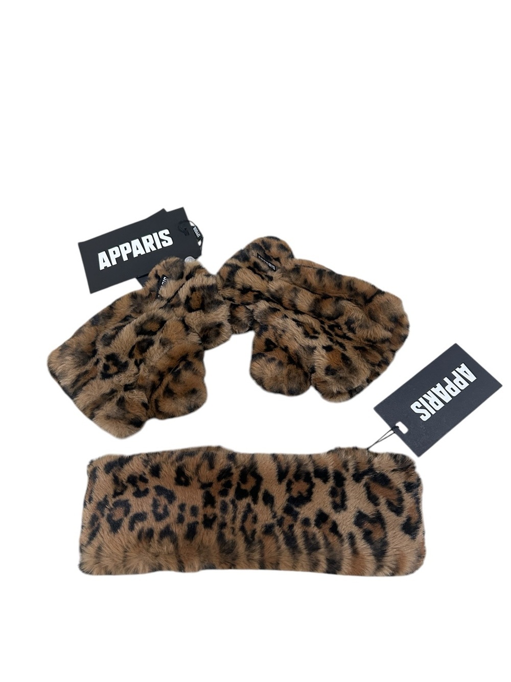 NWT Apparis Brown & Black Leopard Faux Fur Mittens & headband set Giftable